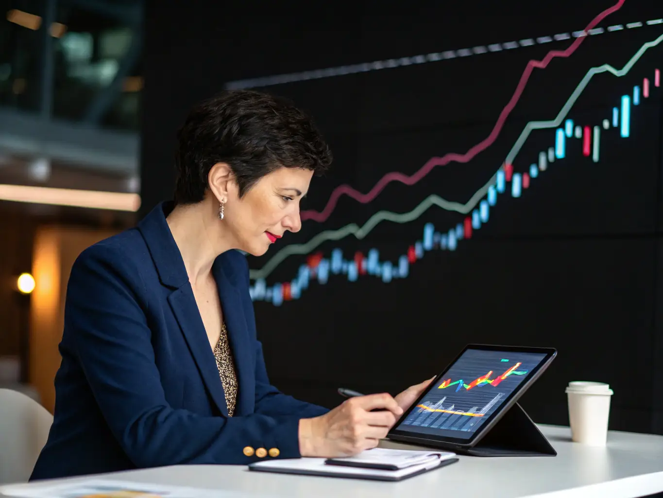 A consultant reviewing market data on a tablet, with charts and graphs illustrating market trends in the automotive industry.