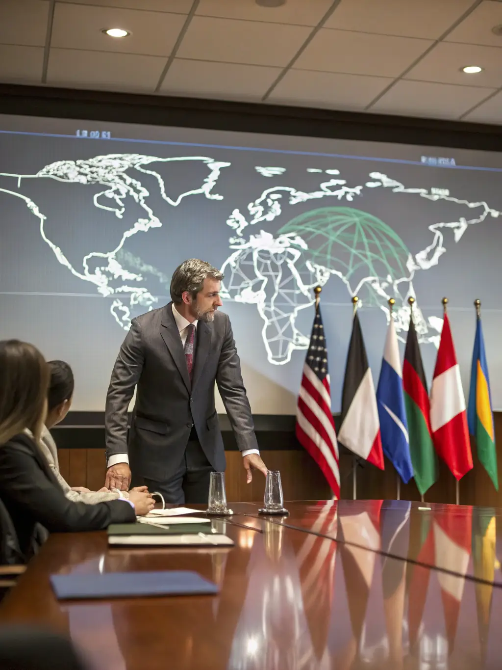 A professional businessman in a suit confidently pointing at a world map highlighting key export destinations, symbolizing global reach and expertise in vehicle export.