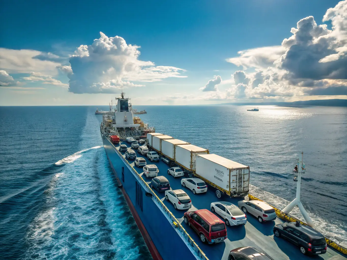 An image of a cargo ship loaded with various vehicles, set against a backdrop of a global map, symbolizing international trade and vehicle export services.