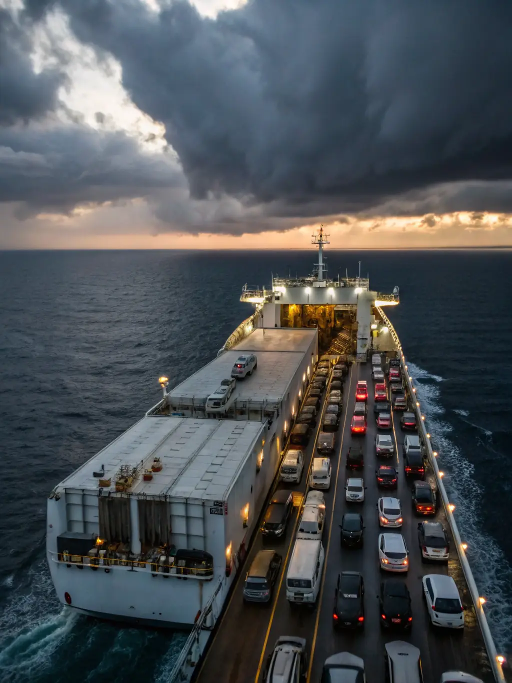An image of a cargo ship loaded with vehicles, symbolizing international vehicle export.