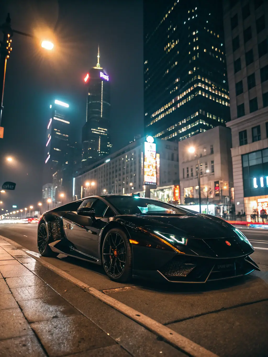 A sleek sports car is displayed on a digital billboard at night, showcasing a modern advertising campaign designed by Valkron LLC for an automotive client.