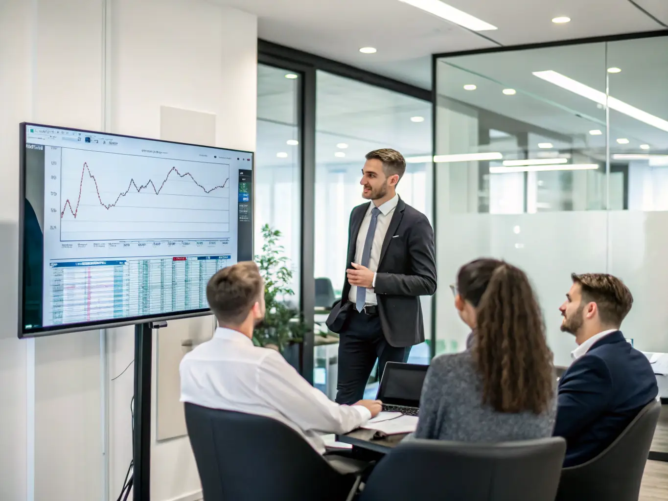 A professional consultant presenting strategic plans and market analysis data to a client in a modern office setting, emphasizing collaboration and expert guidance.