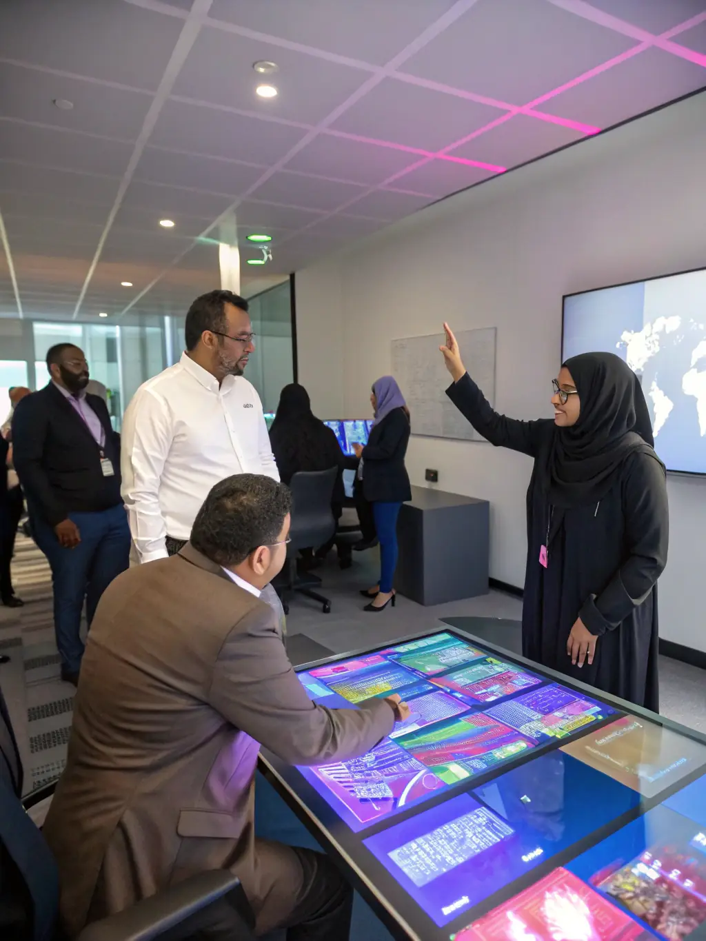 A diverse group of people are interacting with a virtual reality experience showcasing a new car model, highlighting Valkron LLC's innovative marketing approach.