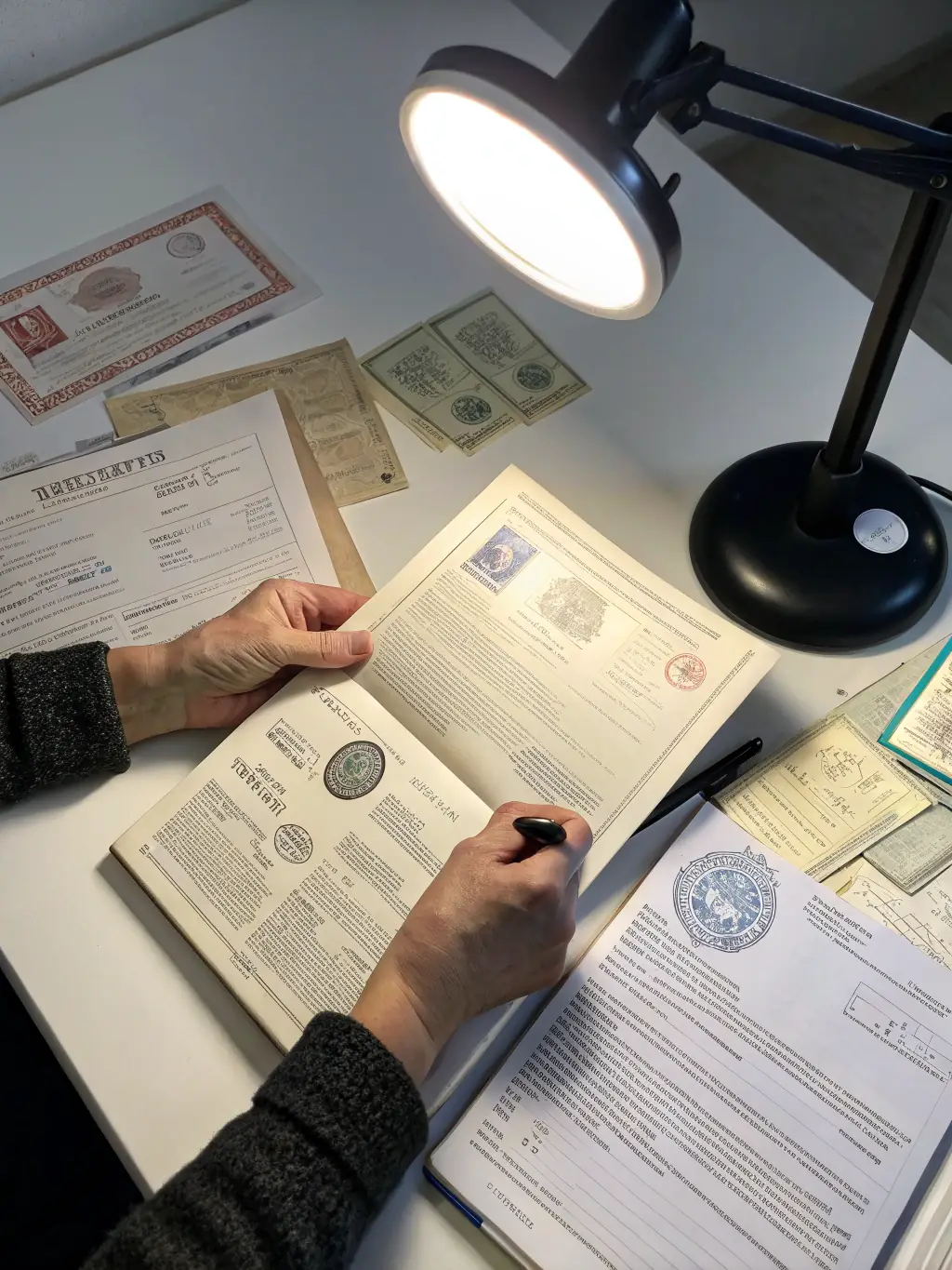 A detailed close-up of export documents being meticulously reviewed, emphasizing the importance of accuracy and compliance in the vehicle export process.